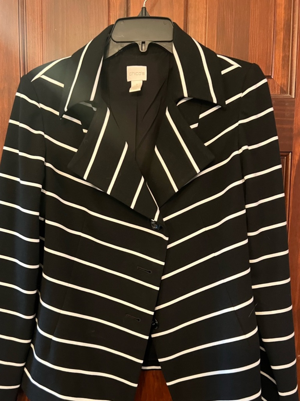 Chico's Black Blazer with White Horizontal Stripes
